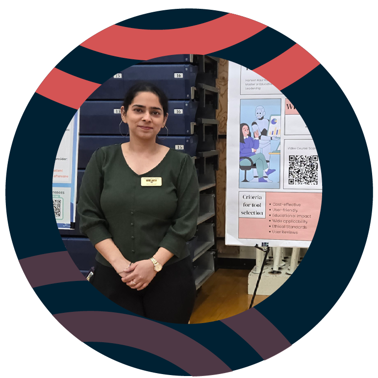 A woman standing in front of a poster with charts on it.